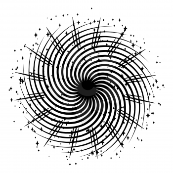 Hypnotizing spiral with rays and stars. Black and white illustration of magical fire.