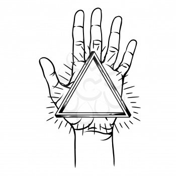 Open hand with infinite triangle symbol. Spirituality, astrology and esoteric concept. Black and white hand drawn illustration.