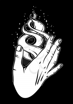 Open hand with magic fire. Spirituality, astrology and esoteric concept. Black and white hand drawn illustration.