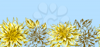 Background with fluffy yellow dahlias. Beautiful decorative flowers, leaves and buds.