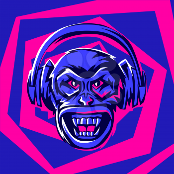 Angry monkey head in headphones. Rock and roll or disco music print. Rock festival poster.
