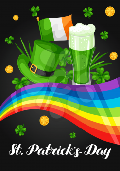 Saint Patricks Day greeting card. Holiday illustration with Irish festive national items.