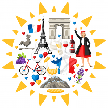 France background design. French traditional symbols and objects.