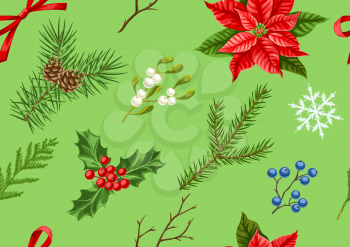 Seamless pattern with winter plants. Merry Christmas holiday decoration. Forest branches background in vintage style.