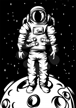 Illustration of astronaut on moon. Spaceman in suit. Cosmonaut in outer space.