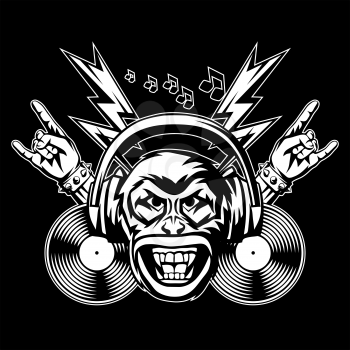 Rock and roll music print. Angry monkey head. Rock festival poster. Vintage label with musical items.