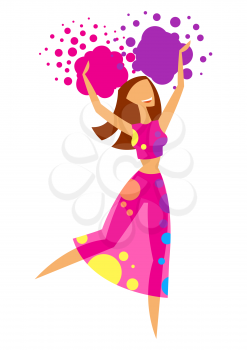 Happy dansing girl throw paint. Poster for Holi color festival.