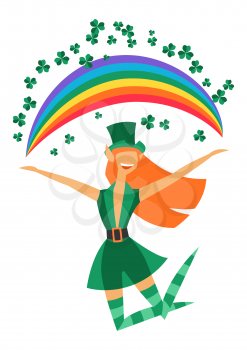 Illustration of Irish fantastic character leprechaun girl. Saint Patricks Day celebration. Stylish woman in traditional costume.