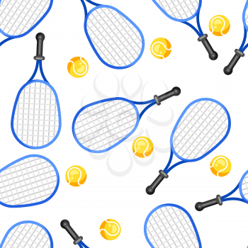 Seamless pattern with tennis rackets and balls in flat style. Stylized sport equipment background.