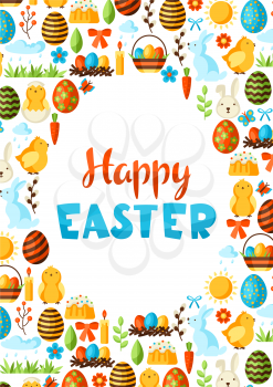 Happy Easter greeting card with holiday items. Decorative symbols and objects, eggs, bunnies.