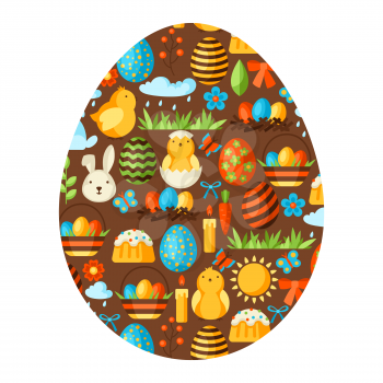 Happy Easter greeting card with holiday items. Decorative symbols and objects, eggs, bunnies.