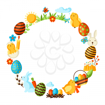 Happy Easter frame with holiday items. Decorative symbols and objects, eggs, bunnies.