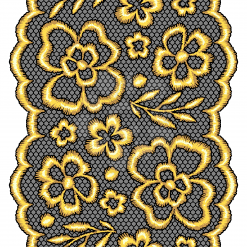 Lace seamless pattern with gold flowers. Vintage golden embroidery on lacy texture grid.