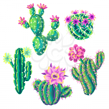 Set of with cacti and flowers. Decorative spiky flowering cactuses in hand drawn style.