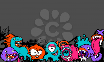 Background with cartoon monsters. Urban colorful teenage creative illustration. Evil creatures in modern comic style.