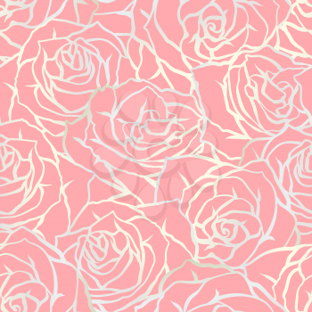 Seamless pattern with outline roses. Beautiful realistic flowers and buds.