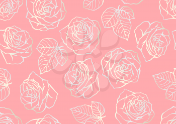 Seamless pattern with outline roses. Beautiful realistic flowers and leaves.