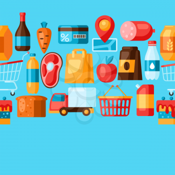Supermarket seamless pattern with food icons. Grocery illustration in flat style.