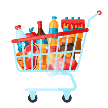 Supermarket shopping chart full of products. Grocery illustration in flat style.
