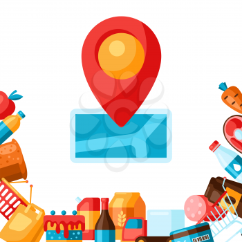 Illustration of supermarket map mark with food. Grocery background in flat style.