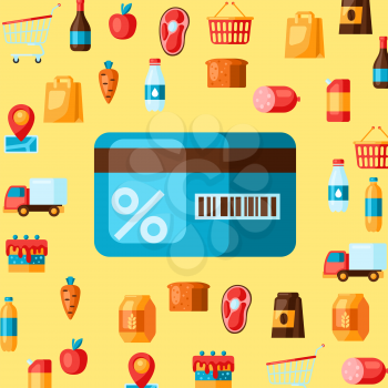 Supermarket shopping discount card with products. Grocery illustration in flat style.