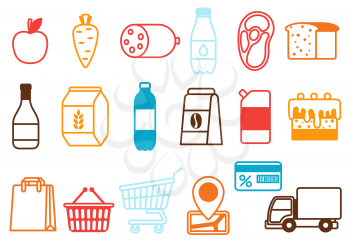 Supermarket food, selfservice and delivery icons. Grocery illustration in flat style.