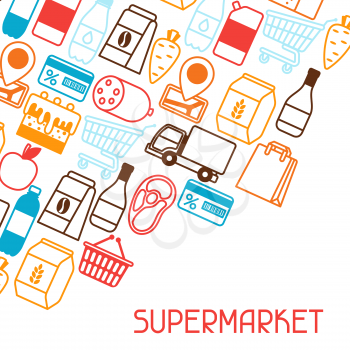Supermarket background with food icons. Grocery illustration in flat style.