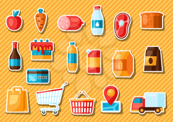Supermarket food, selfservice and delivery stickers. Grocery illustration in flat style.