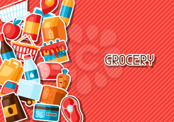Supermarket background with food stickers. Grocery illustration in flat style.