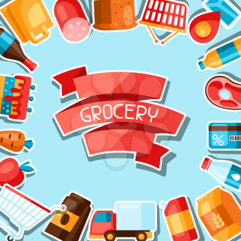 Supermarket background with food stickers. Grocery illustration in flat style.