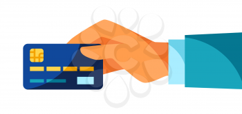 Illustration of hand holding credit card. Banking concept with finance items.