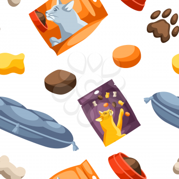 Seamless pattern with various cat items. Illustration of food and couch.