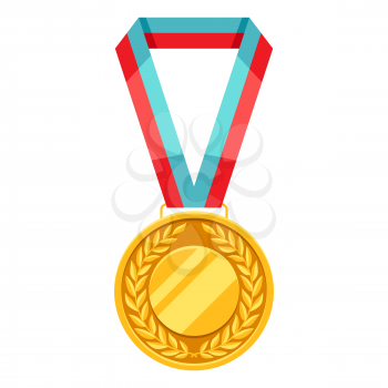 Gold medal with multi colored ribbon. Illustration of award for sports or corporate competitions.
