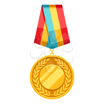 Gold medal with multi colored ribbon. Illustration of award for sports or corporate competitions.