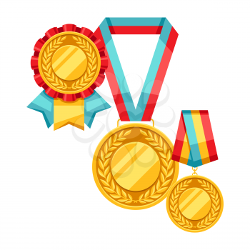 Gold medals with multi colored ribbon. Illustration of award for sports or corporate competitions.