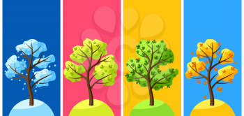 Four seasons trees. Illustration of tree in winter, spring, summer, autumn.