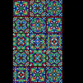 Stained-glass window with colored piece. Decorative mosaic ceramic tile pattern.