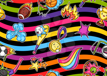 Seamless pattern with kawaii sport items. Cute funny characters. Illustration for competition and tournament.