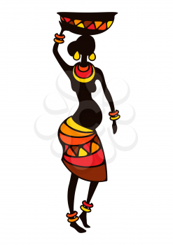 Illustration of stylized African pregnant woman. Girl in tribal national clothes holding jug on head.