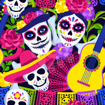 Day of the Dead seamless pattern. Dia de los muertos. Mexican celebration. Holiday background with traditional symbols.