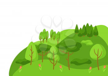 Spring landscape with forest, trees and bushes. Seasonal nature illustration.