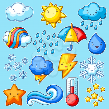 Set of cute kawaii weather items. Funny seasonal child illustration. Cartoon stylized characters.