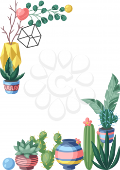 Background with cactuses and succulents. Decorative spiky flowering cacti and plants in flowerpots. Home craft decoration.