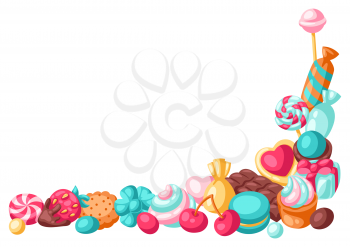 Frame with colorful various candies and sweets. Confectionery or bakery stylized illustration.