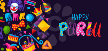 Happy Purim Jewish holiday greeting card. Background with traditional carnival funfair symbols.