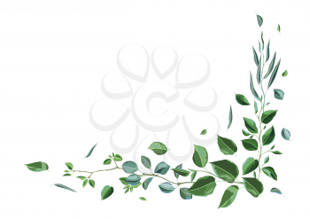 Decoration with branches and green leaves. Spring or summer stylized foliage. Seasonal illustration.