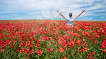 Man enjoy in spring meadow of poppy at day.