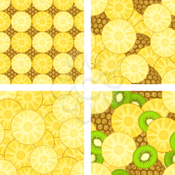 Set of seamless patterns with pineapple and kiwi