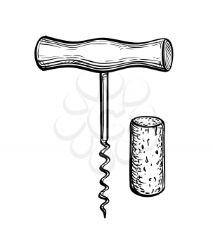 Corkscrew and cork. Hand drawn vector illustration. Isolated on white background. Retro style.