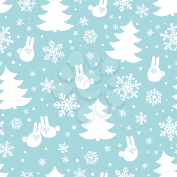 Seamless pattern with snowflakes, hares and fir trees. Winter background.